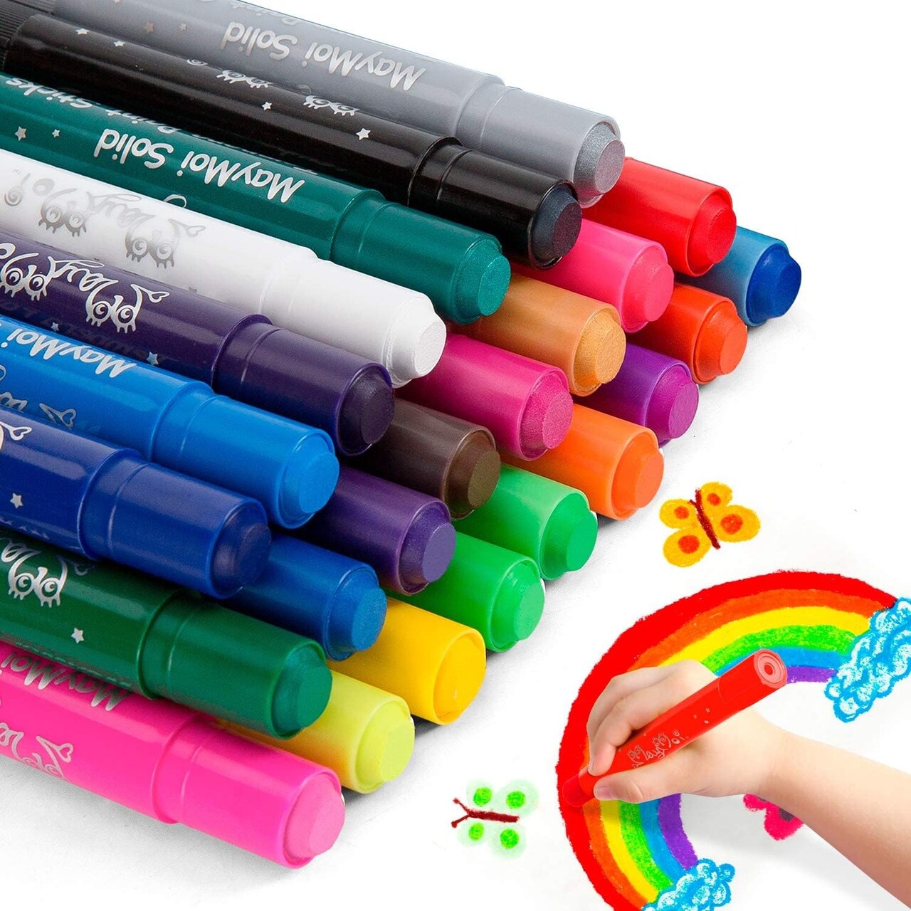 24PCS Washable Tempera Paint Sticks | Non-Toxic, Quick Drying & No Mess Paint Sticks for Kids, 24 Bright Colors, Best Art Birthday Gifts for Kids